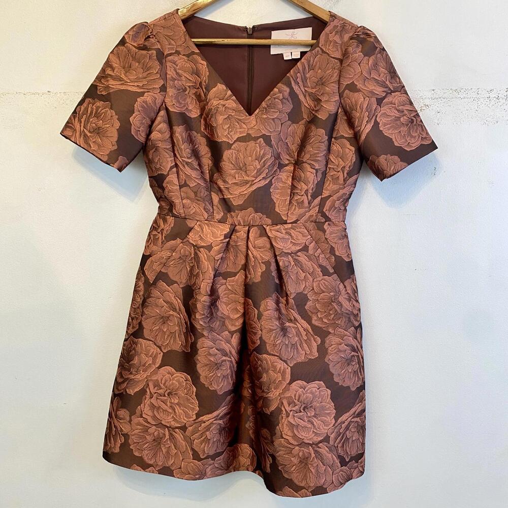 GAL MEETS GLAM brown bronze Ingrid floral shirt sleeve mini dress sz 4P - Picture 7 of 7